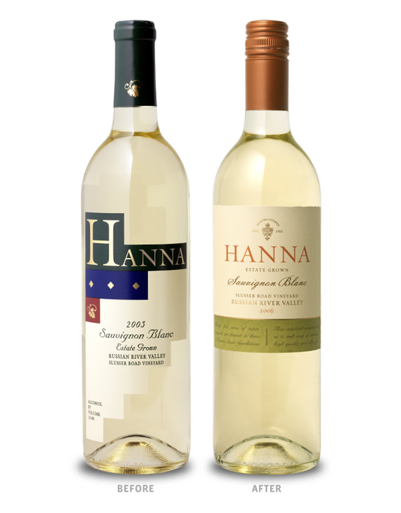 Hanna Wine Packaging Before Redesign on Left & After on Right