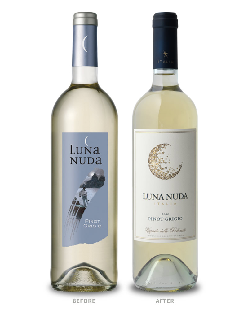 Luna Nuda Wine Packaging Before Redesign on Left & After on Right