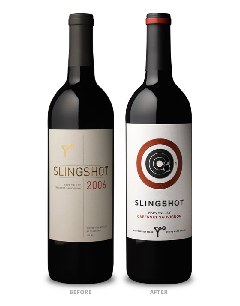 Slingshot Wine Packaging Before Redesign on Left & After on Right