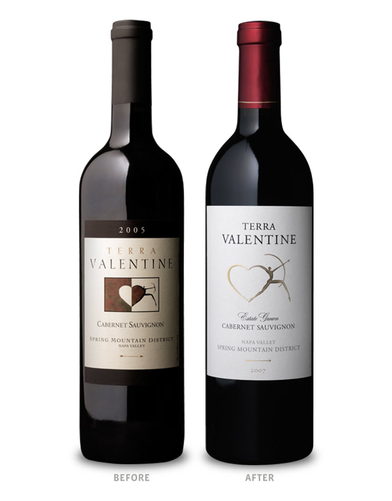 Terra Valentine Wine Packaging Before Redesign on Left & After on Right