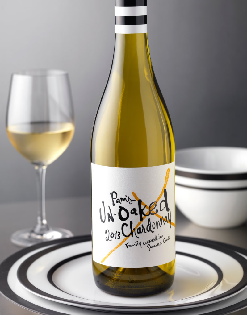 Pam's Unoaked Chardonnay Wine Packaging Design & Logo