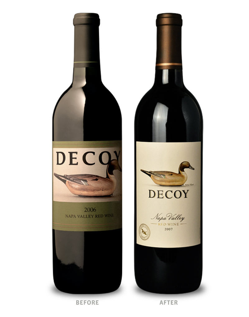 Decoy Wine Packaging Before Redesign on Left & After on Right