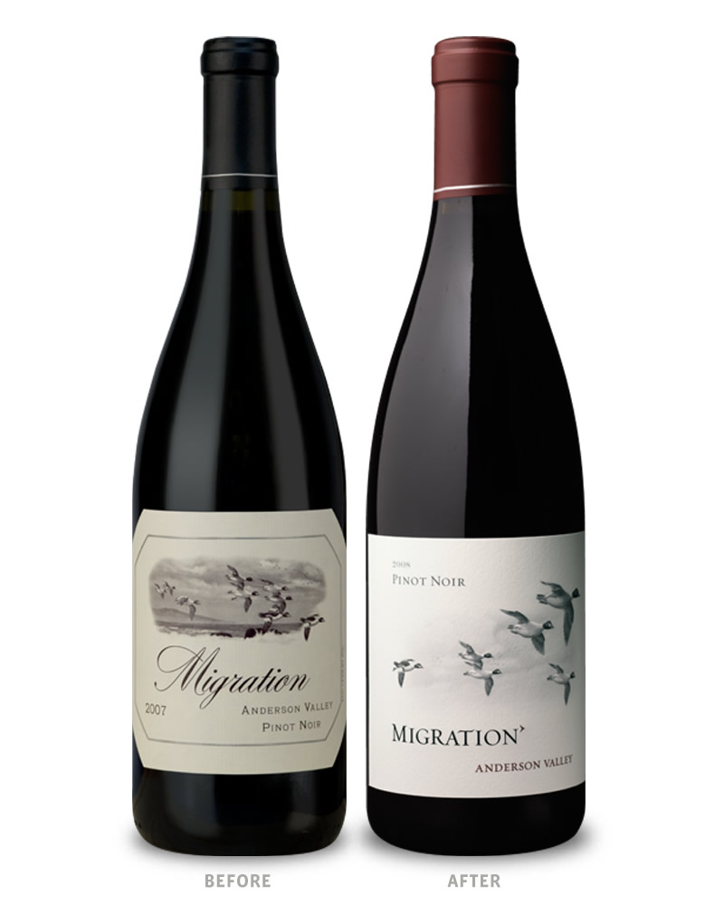 Migration Wine Packaging Before Redesign on Left & After on Right