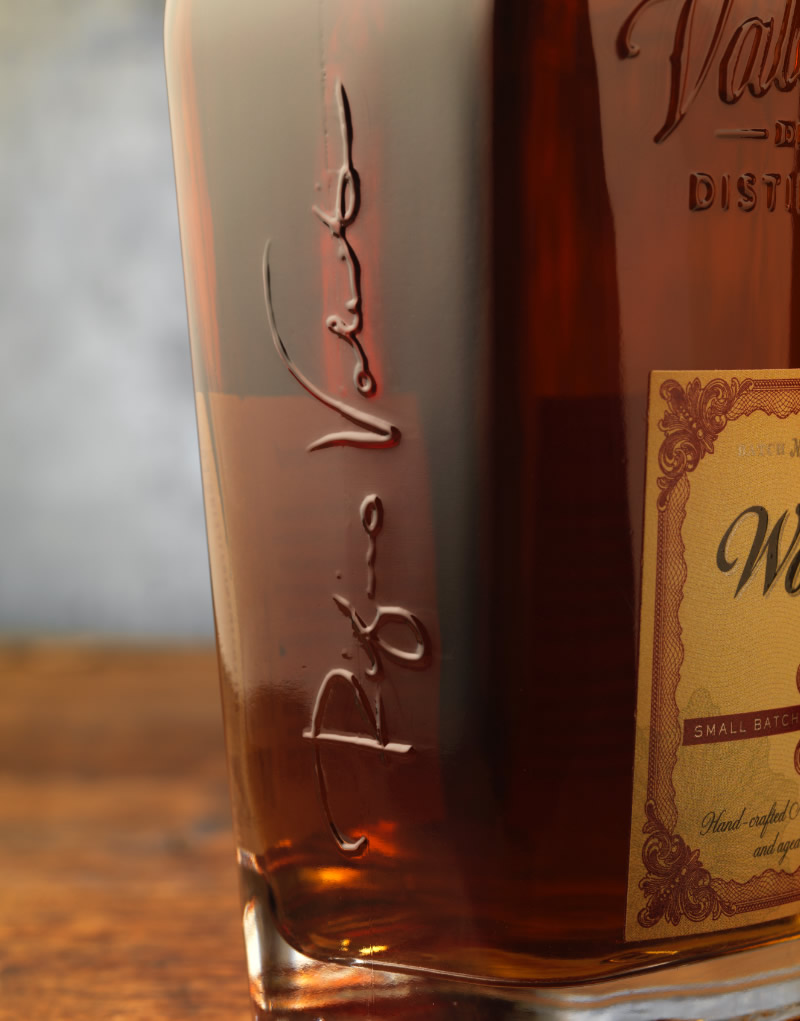 Valentine Distilling Co. Woodward Bourbon Packaging Design & Logo Bottle Detail