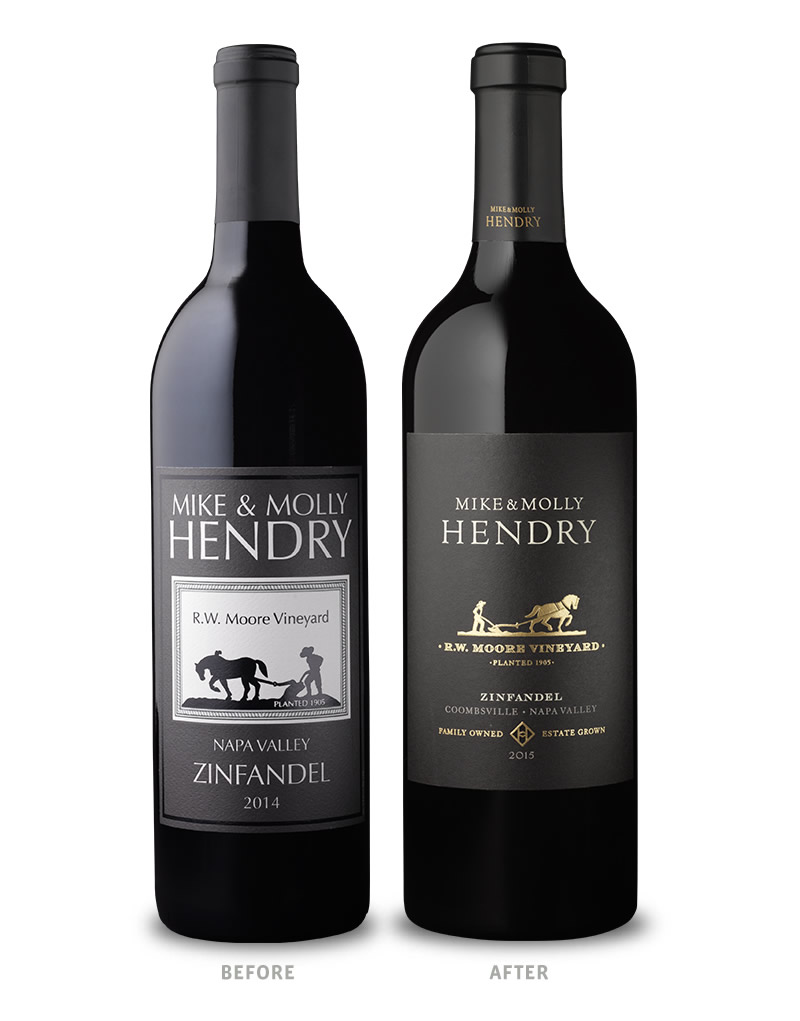 Mike & Molly Hendry Wine Packaging Before Redesign on Left & After on Right