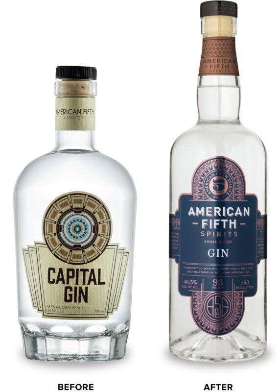 American Fifth Before Spirits Packaging Redesign on Left & After on Right