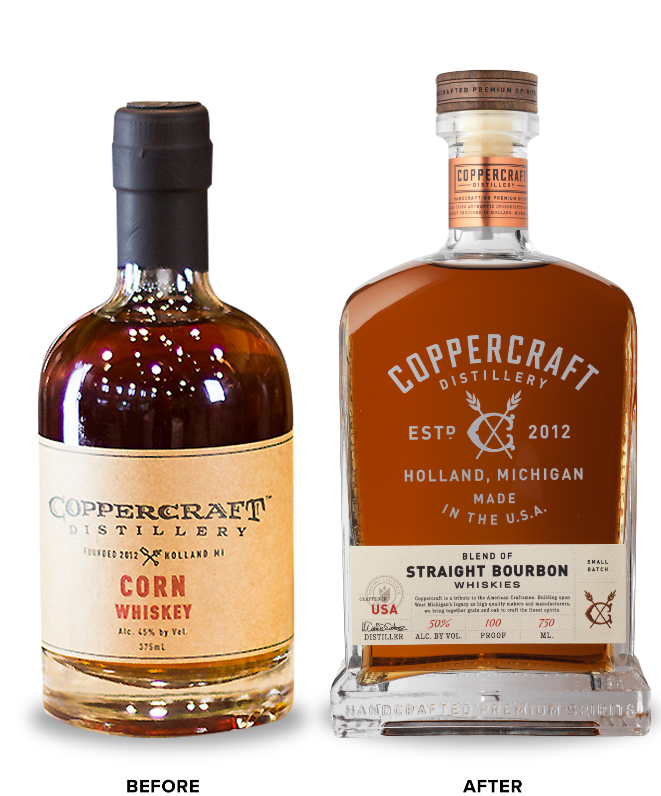 Coppercraft Distillery Bourbon Packaging Before Redesign on Left & After on Right