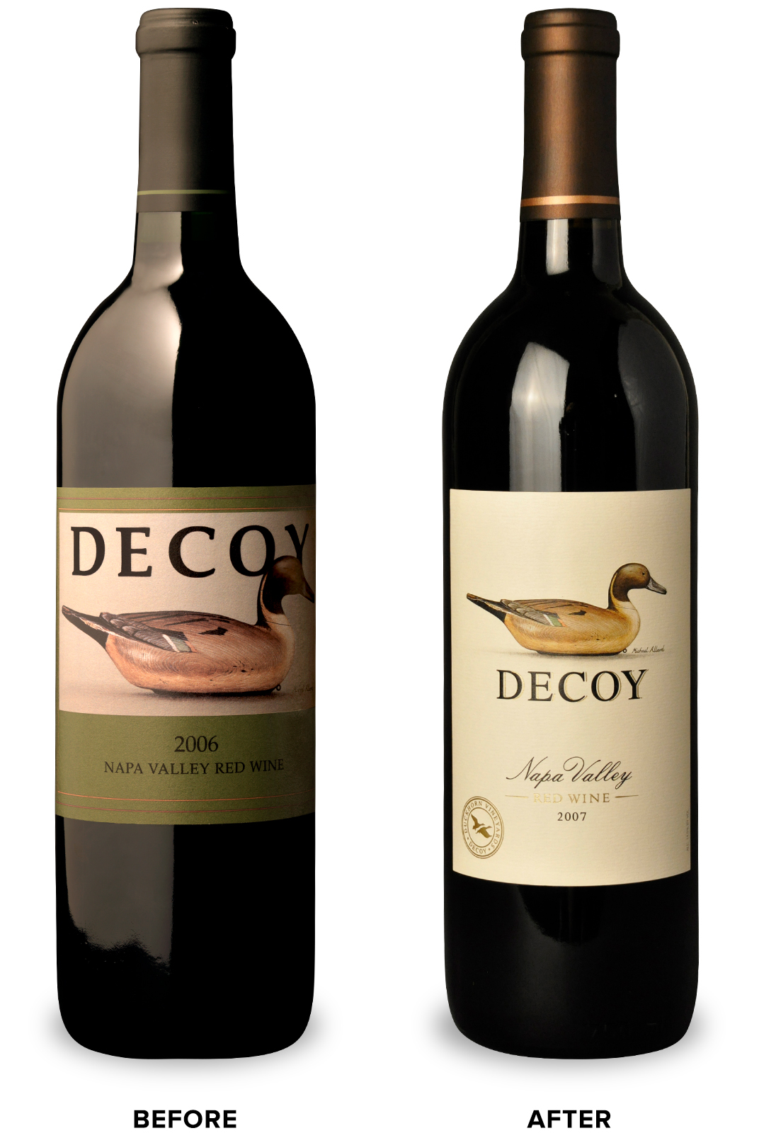 Duckhorn Vineyards Decoy Wine Packaging Before Redesign on Left & After on Right