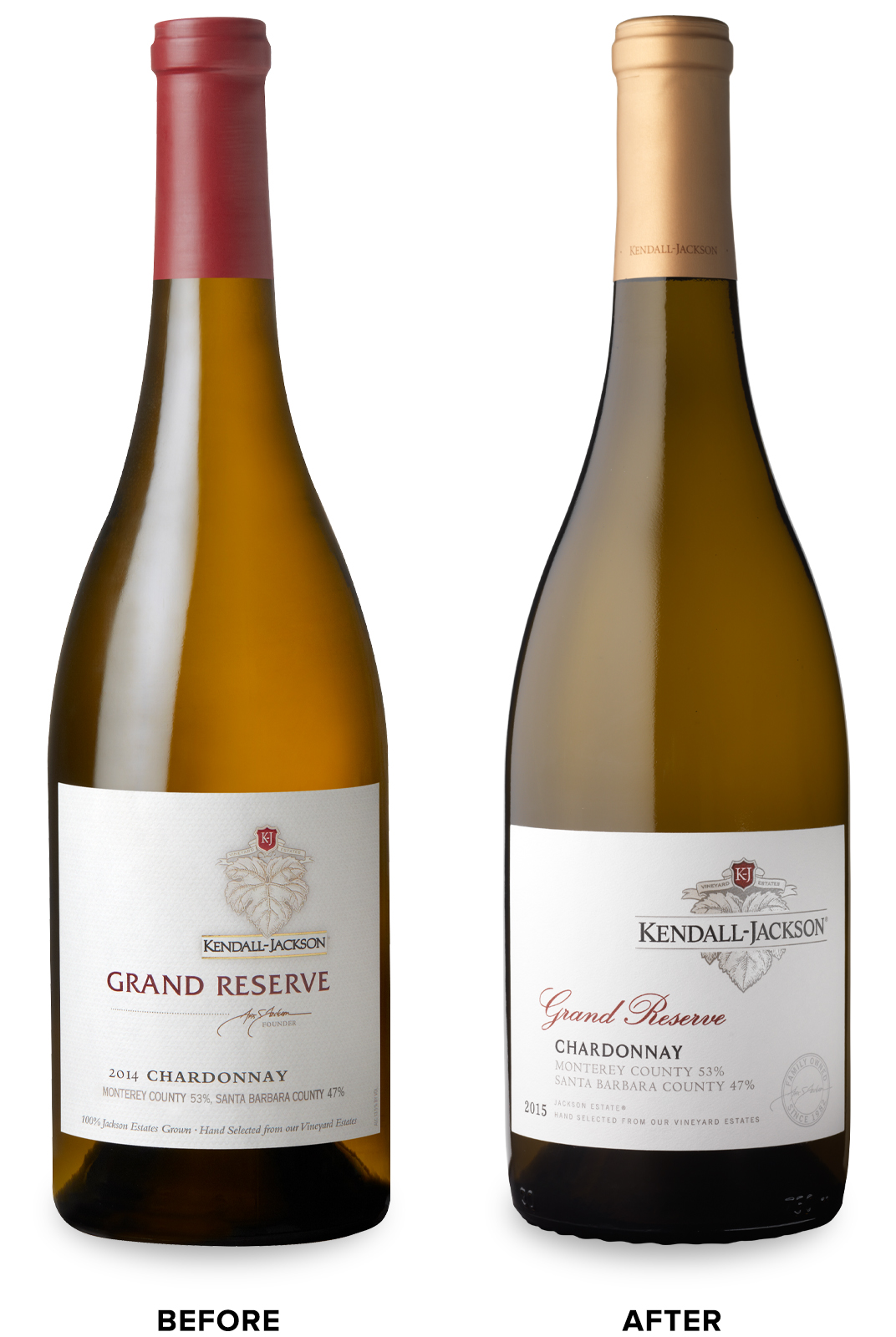 Kendall-Jackson Grand Reserve White Wine Packaging Before Redesign on Left & After on Right