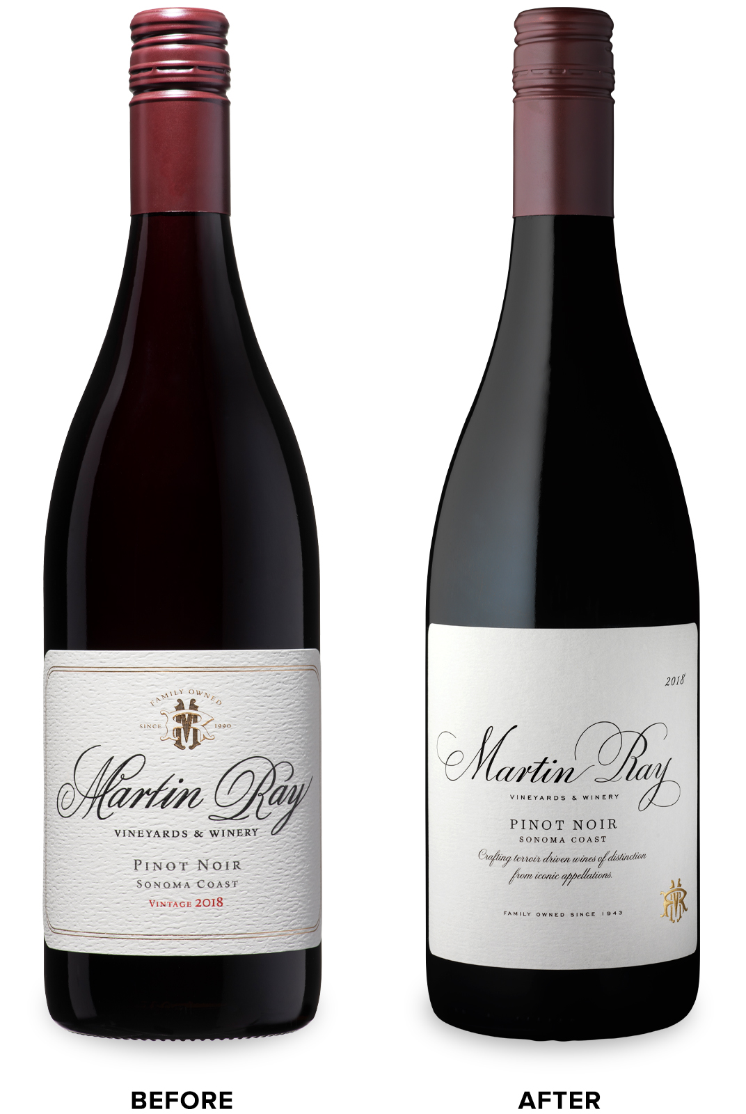 Martin Ray Vineyards & Winery Core Tier Wine Packaging Before Redesign on Left & After on Right