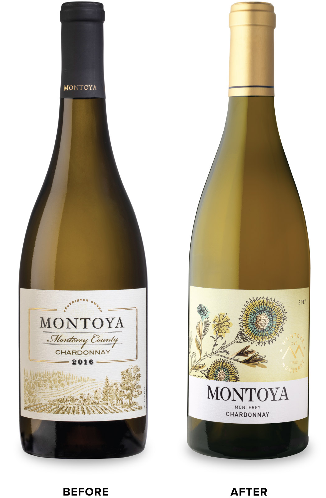 Montoya Chardonnay Before Wine Packaging Redesign on Left & After on Right