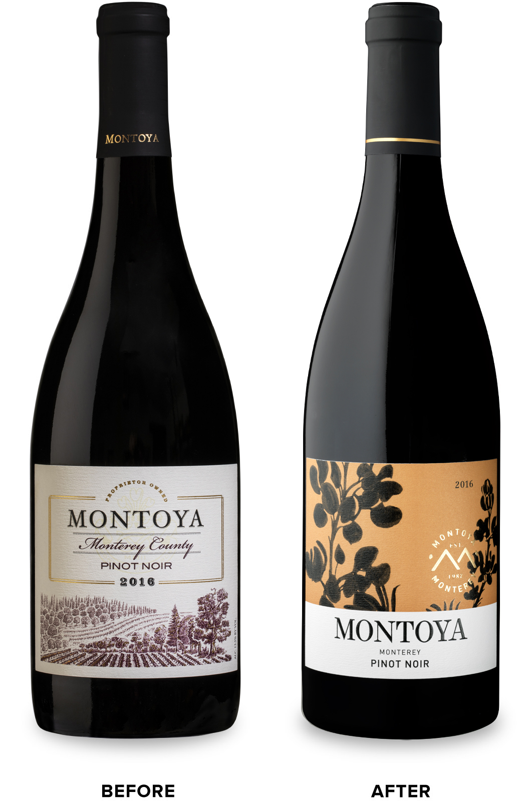 Montoya Pinot Noir Wine Packaging Before Redesign on Left & After on Right