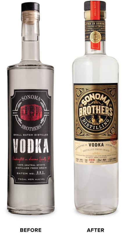 Sonoma Brothers Distilling Before Vodka Packaging Redesign on Left & After on Right