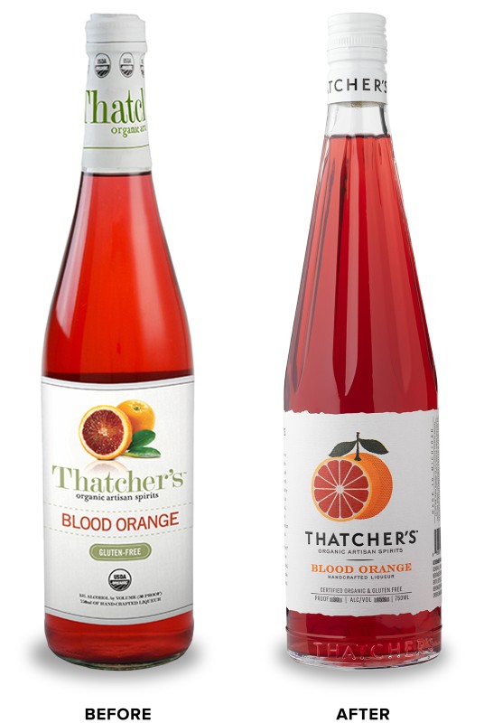 Thatcher's Organic Liqueur Packaging Before Redesign on Left & After on Right