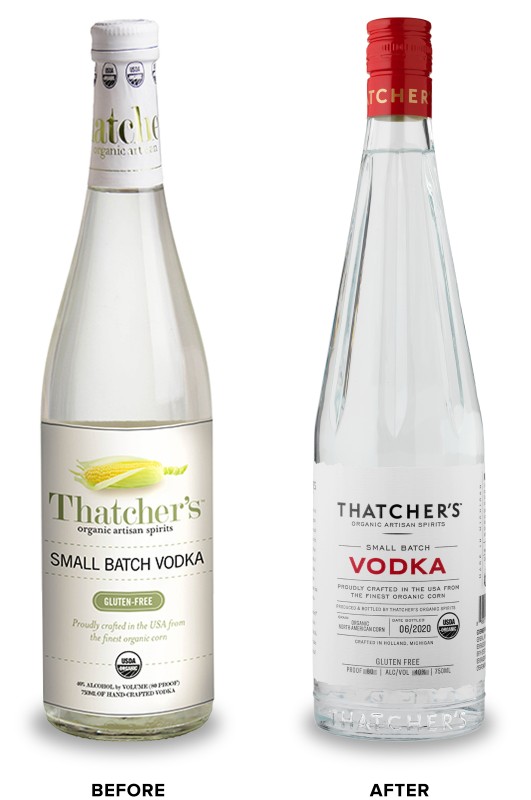 Thatcher's Organic Vodka Packaging Before Redesign on Left & After on Right