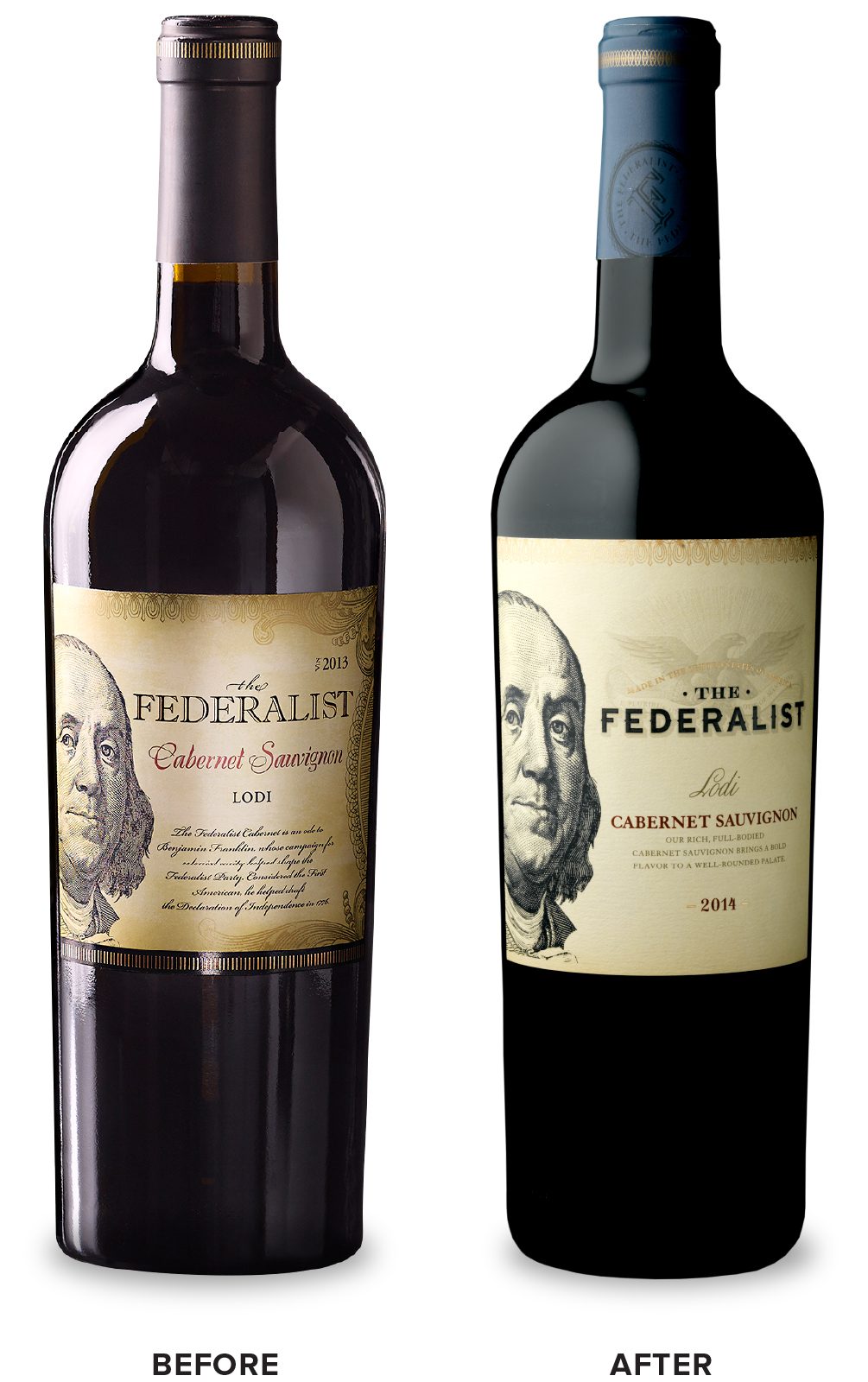 The Federalist Lodi Cabernet Sauvignon Wine Packaging Before Redesign on Left & After on Right