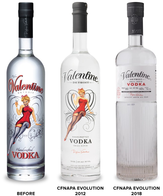 Valentine Distilling Co. Vodka Packaging Before Redesign on Far Left, Design Iteration in Middle, and New Design on Right