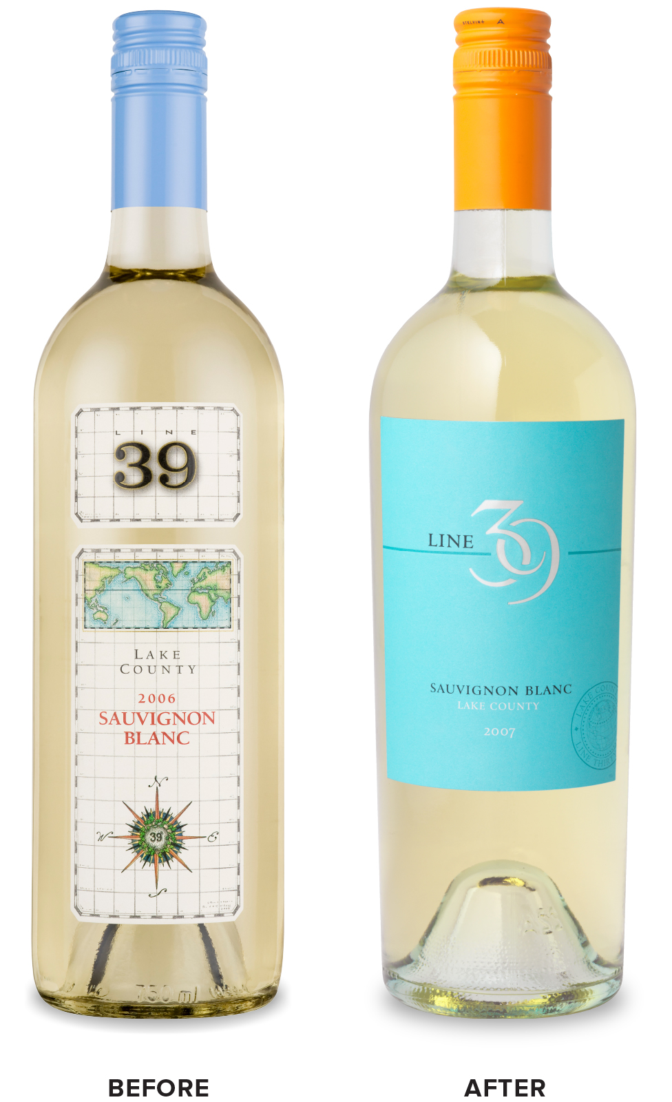 Line 39 Wine Packaging Before Redesign on Left & After on Right