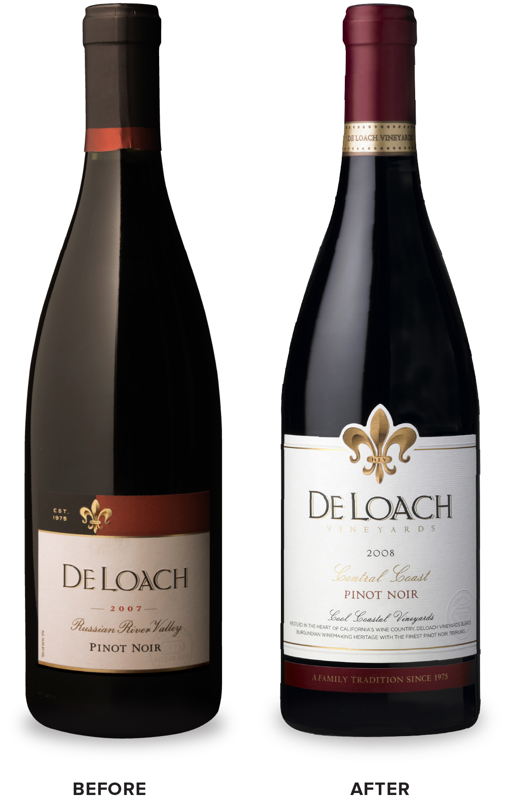 DeLoach Vineyards Central Coast Pinot Noir Wine Packaging Before Redesign on Left & After on Right