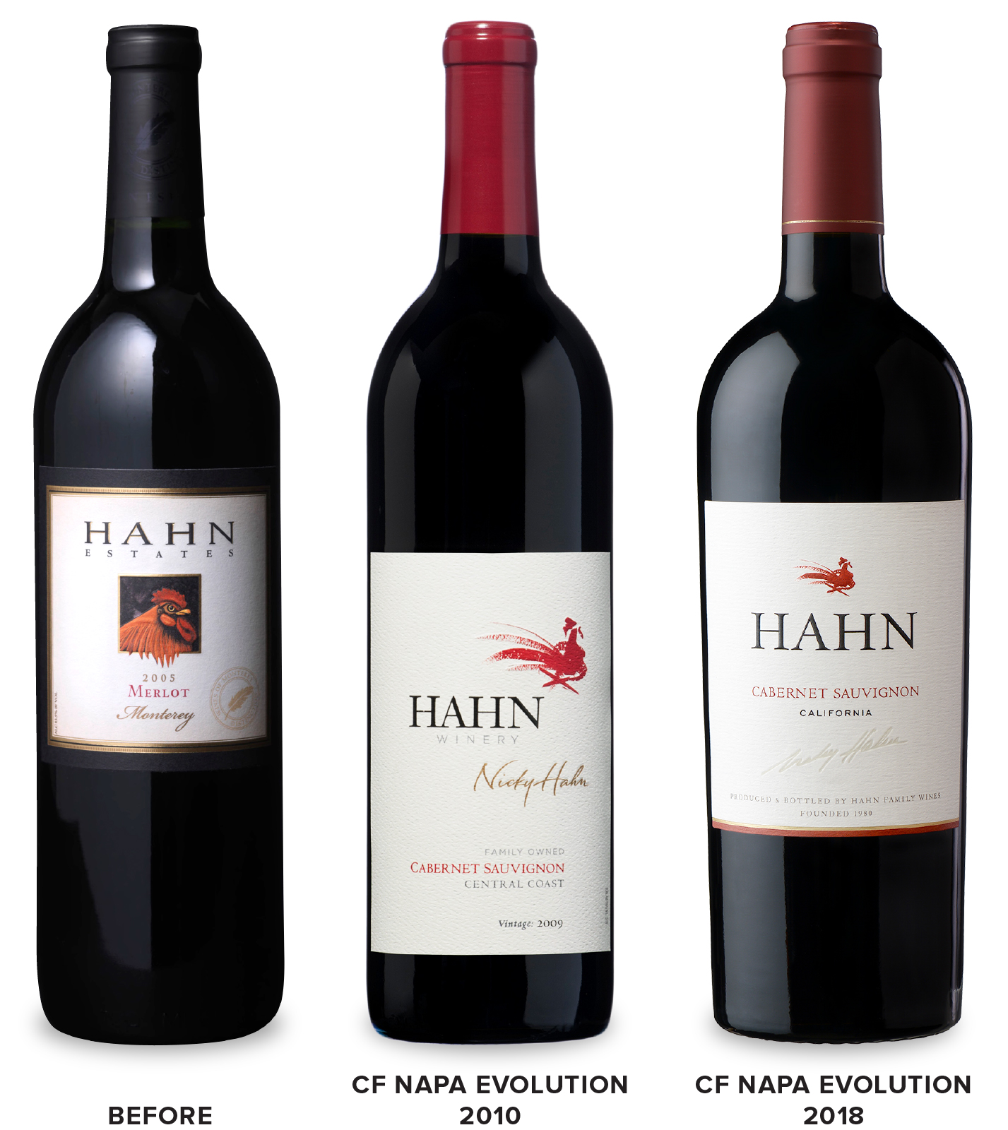 Hahn Family Wines Before Packaging Redesign on Left, 2010 Design in Middle, 2018 Design on Right