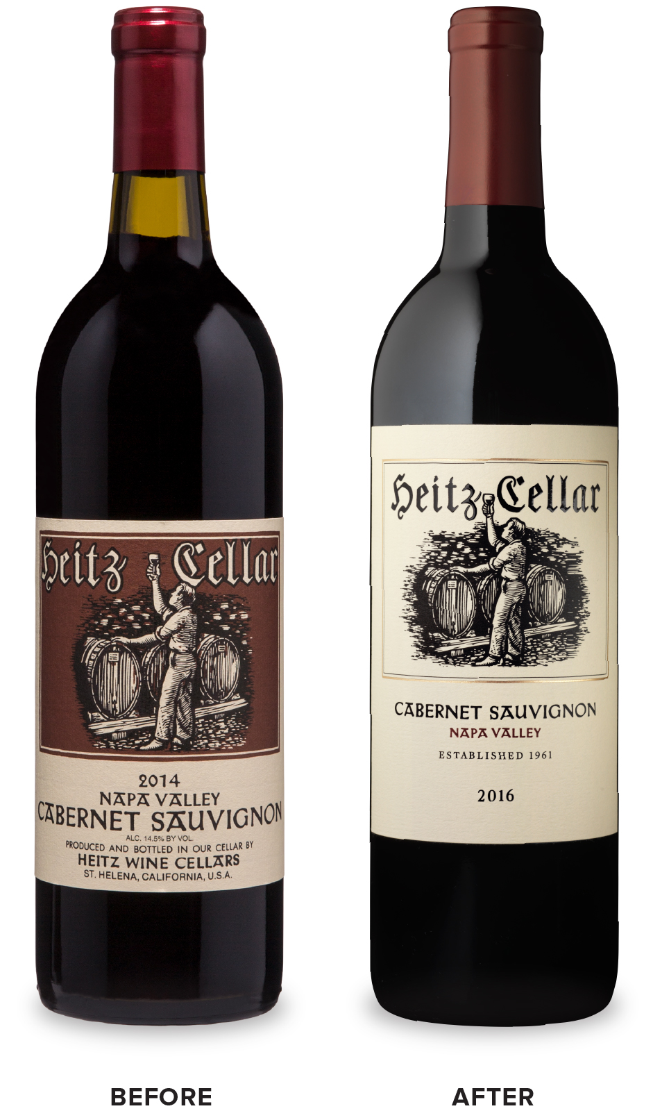 Heitz Cellar Core Red Wine Packaging Before Redesign on Left & After on Right