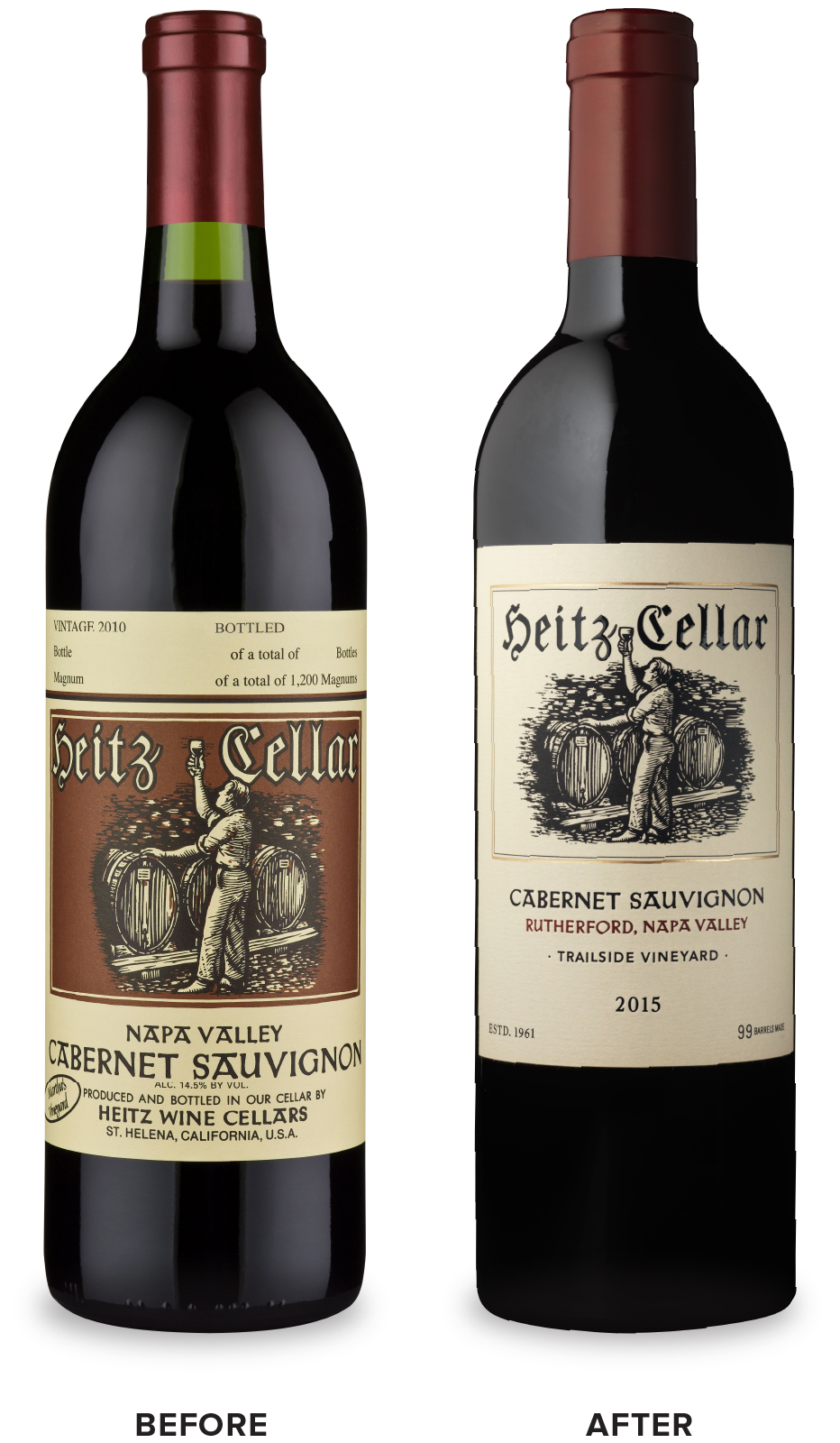Heitz Cellar Vineyard Designate Wine Packaging Before Redesign on Left & After on Right