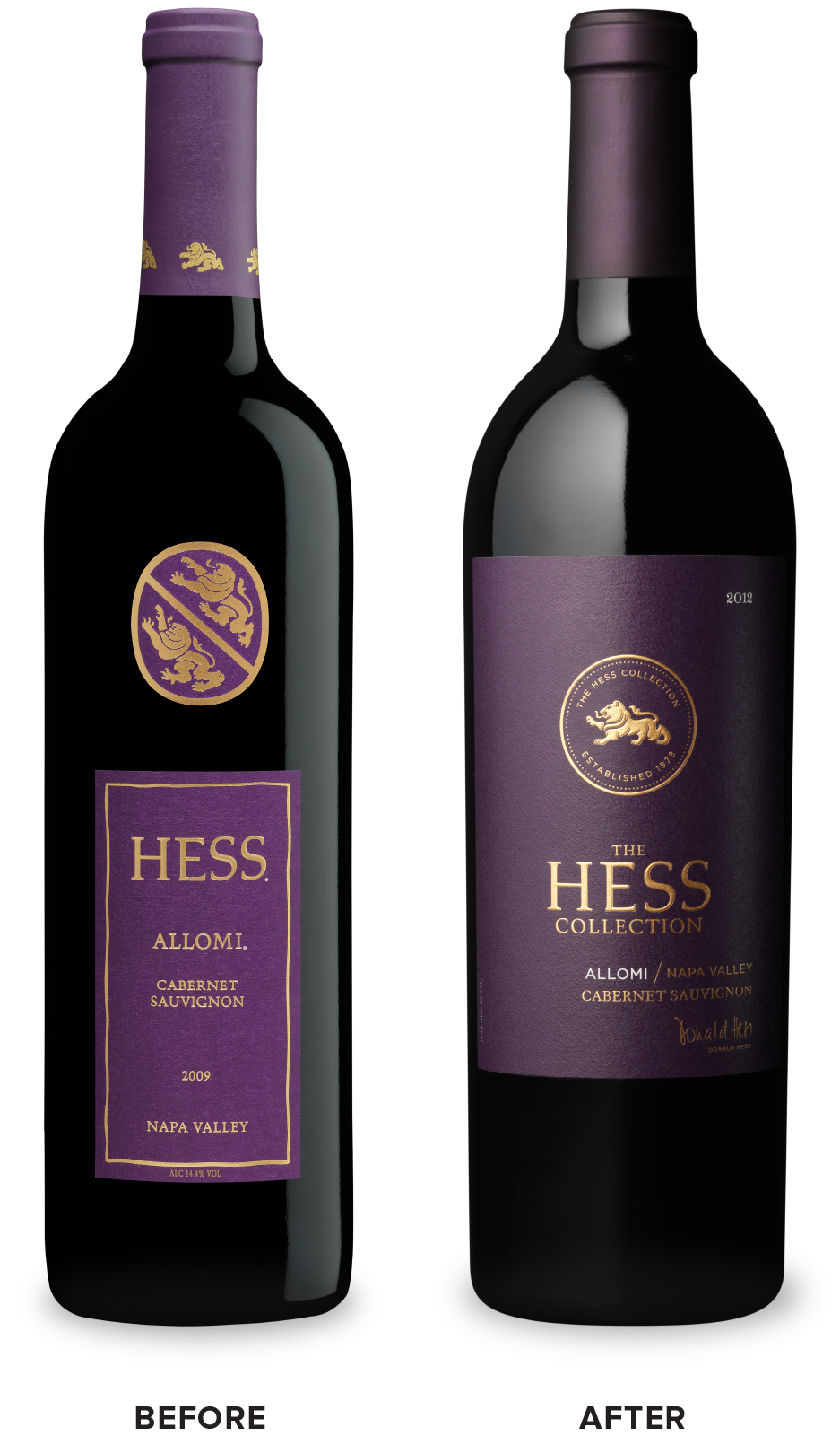 The Hess Collection Allomi Cabernet Sauvignon Wine Packaging Before Redesign on Left & After on Right