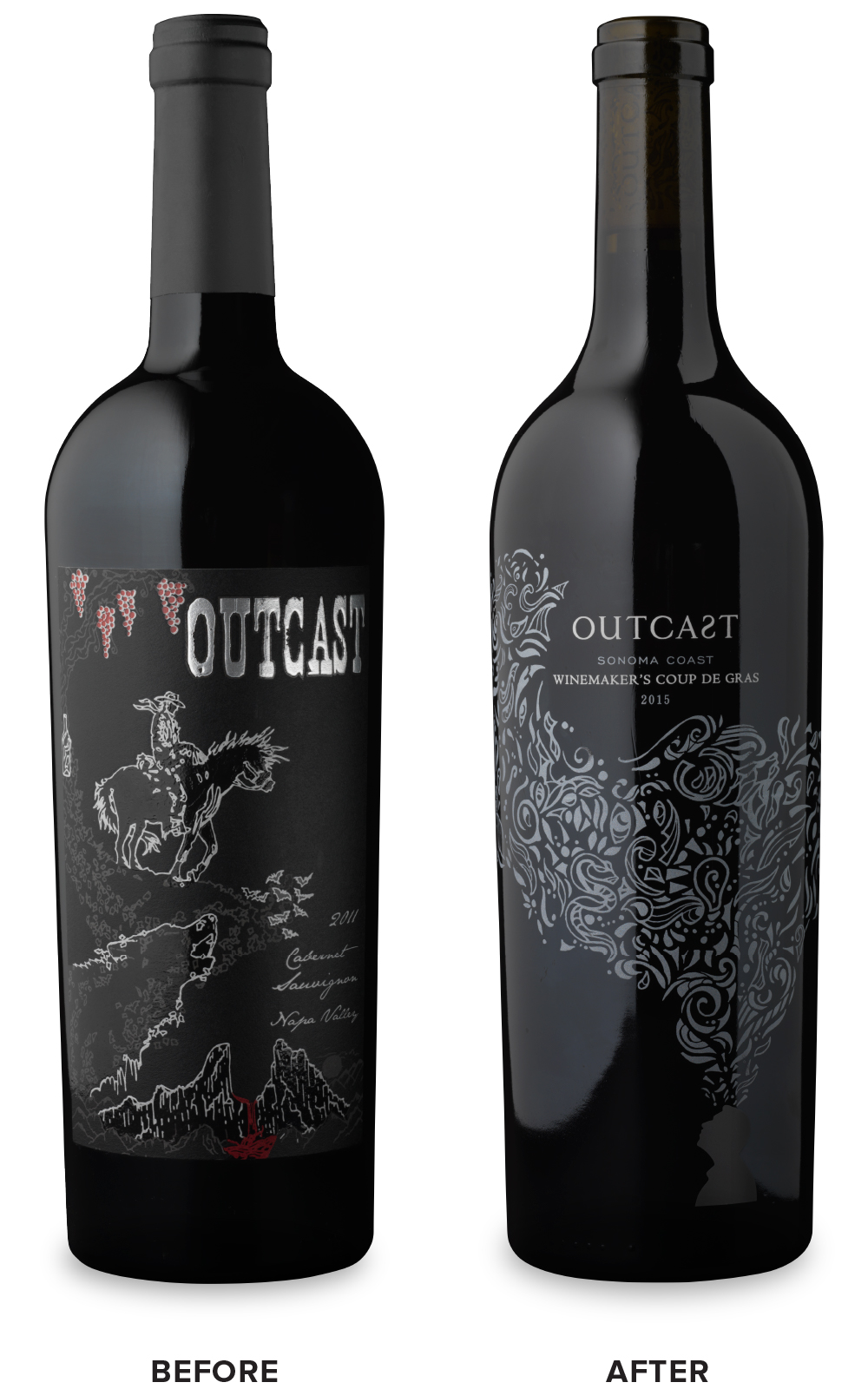 Outcast Napa Valley Wine Before Packaging Redesign on Left & After on Right