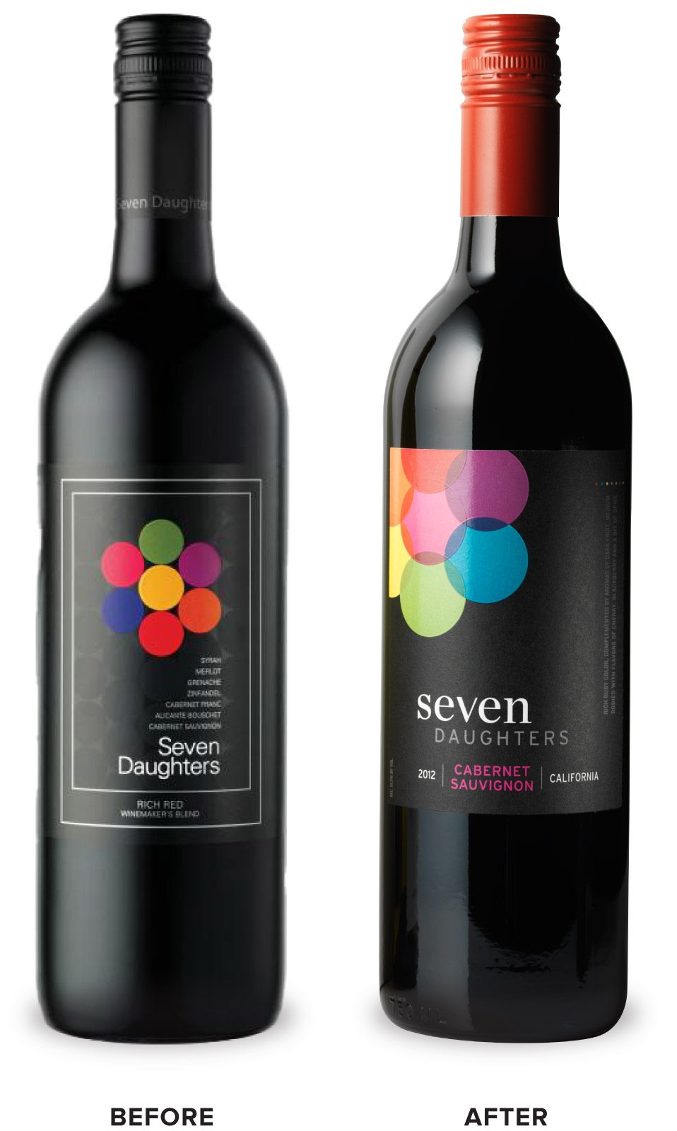 Seven Daughters Wine Packaging Before Redesign on Left & After on Right