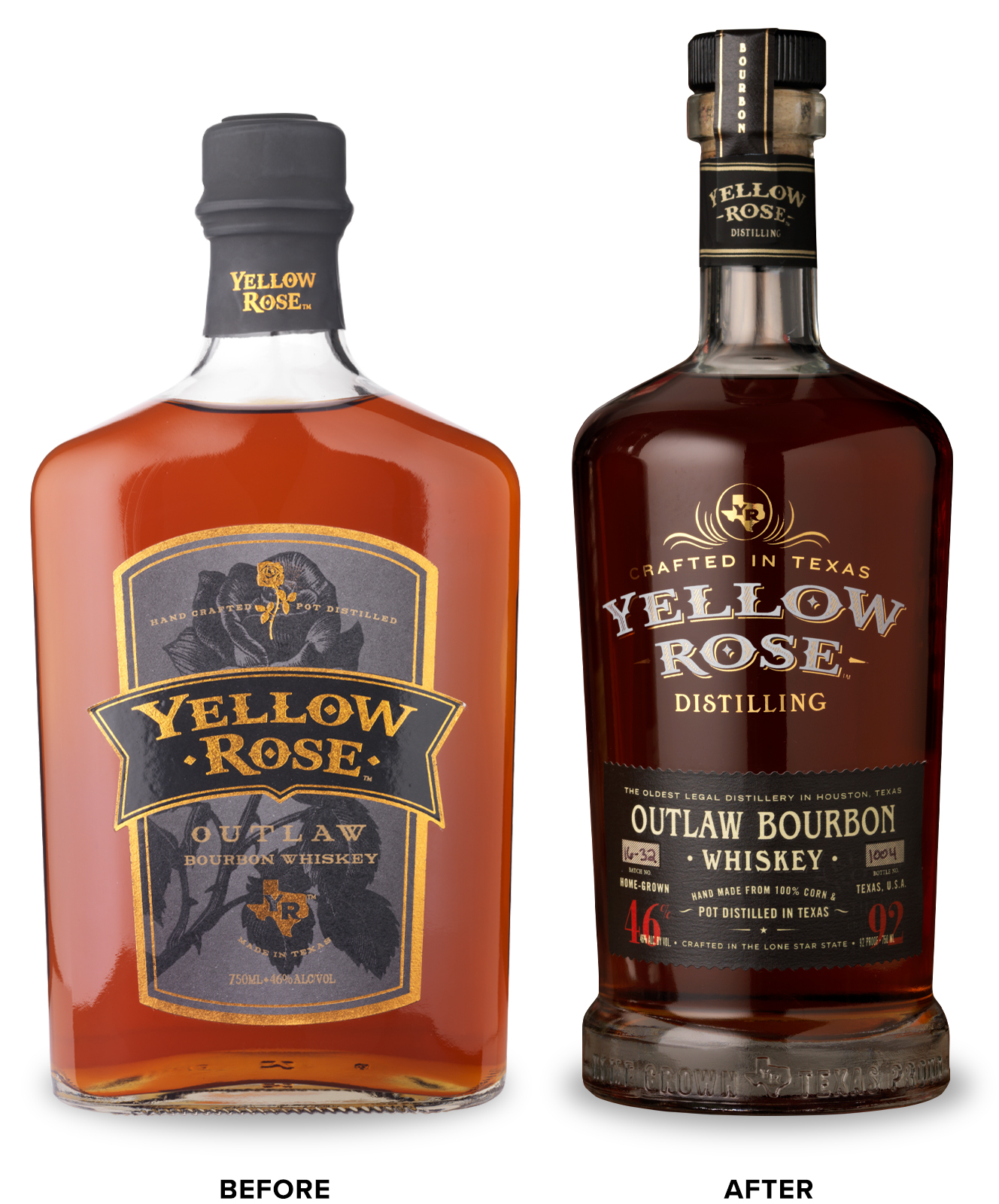 Yellow Rose Distilling Whiskey Packaging Before Redesign on Left & After on Right