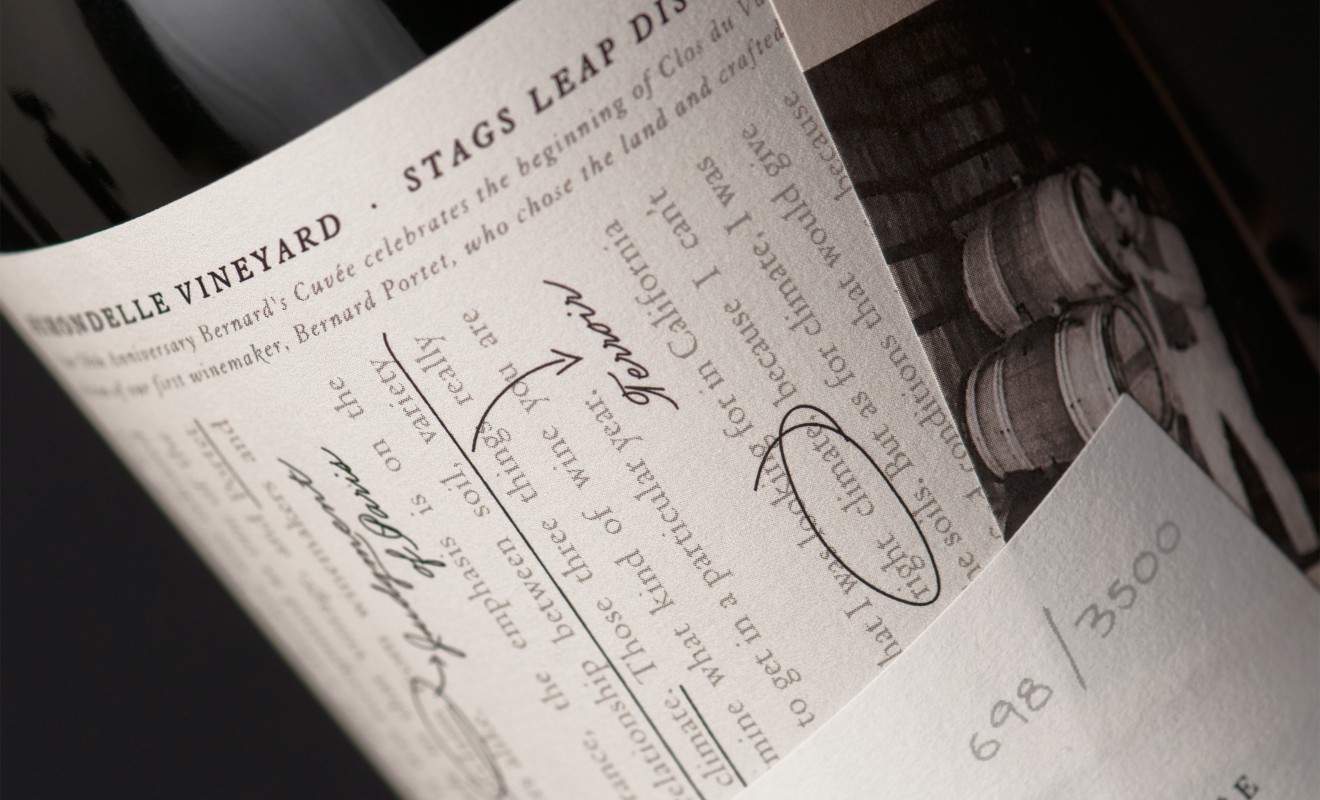 Clos du Val Bernard’s Cuvée Wine Label with Article Design Detail