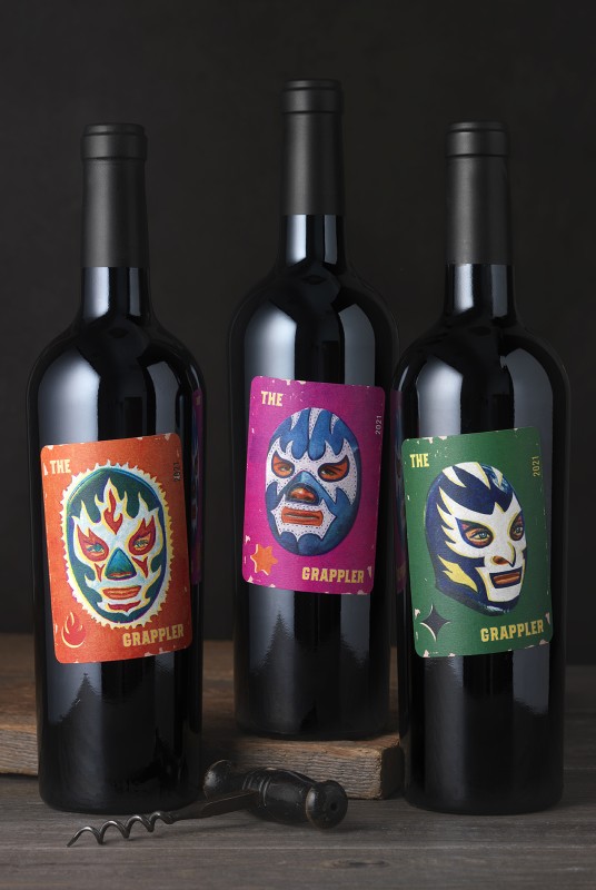 The Grappler Orange, Pink, and Green Label Wine Packaging Design & Logo