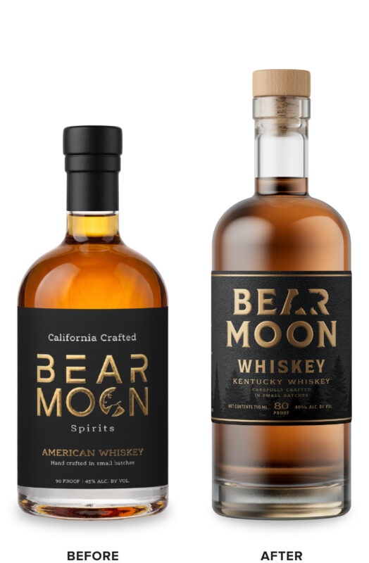 Bear Moon Whiskey Packaging Before Redesign on Left & After on Right